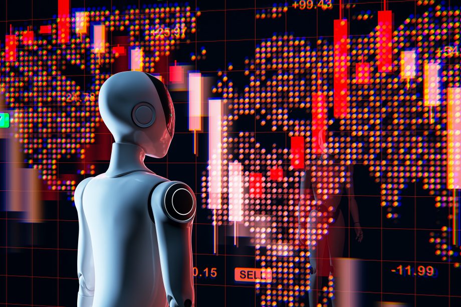 Ein humanoider Roboter, der von ChatGPT angetrieben wird, beobachtet eine digitale Weltkarte mit roten Finanz-Candlestick-Charts und sinkenden Börsendaten.
