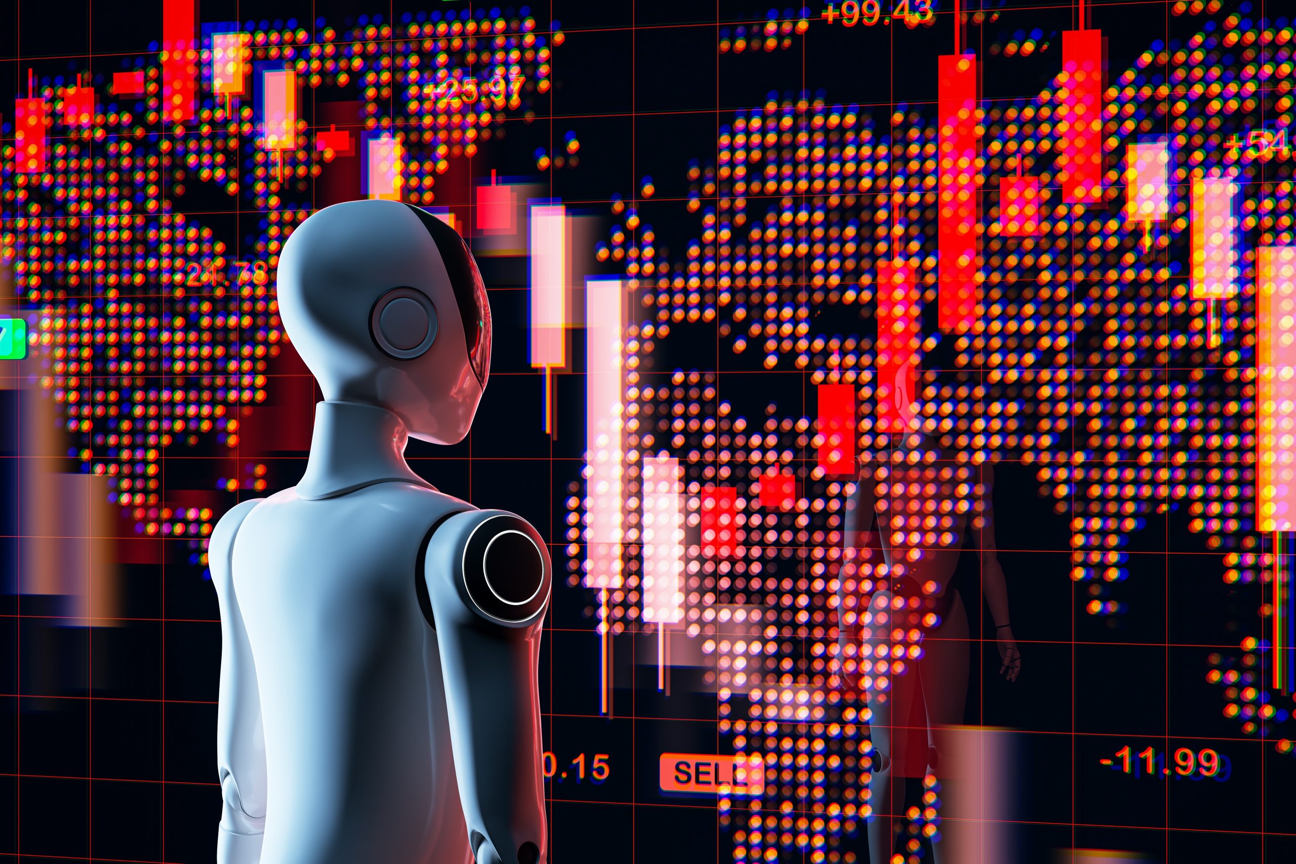 ChatGPT und Co. traden gegeneinander mit Krypto – und alle verlieren Ein humanoider Roboter, der von ChatGPT angetrieben wird, beobachtet eine digitale Weltkarte mit roten Finanz-Candlestick-Charts und sinkenden Börsendaten.