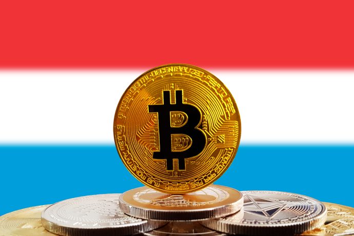 Mehrere Kryptowährungsmünzen, darunter Bitcoin, werden vor dem Hintergrund einer luxemburgischen Flagge gezeigt.