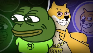 Ein Cartoon-Frosch in einem grünen Hemd steht neben einem Cartoon-Hund, der eine goldene Kette trägt, beide vor stilisierten Hintergründen - und fangen die Novemberstimmung ein, in der Memecoins an Beliebtheit explodieren.