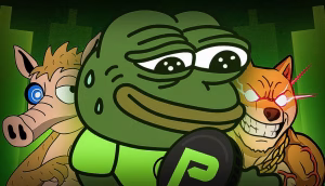 Ein Cartoon-Frosch hält eine Münze mit einem P darauf - PEPENODE - flankiert von einem muskulösen Hund mit leuchtenden Augen und einem einäugigen SNORT-Eber, alles vor einem grünen digitalen Hintergrund, der von Memecoins inspiriert ist.
