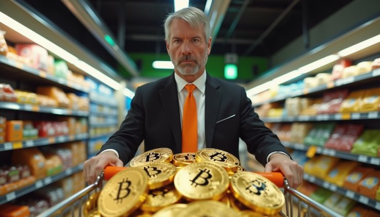 Ein Mann im Anzug, der Michael Saylor verkörpert, schiebt einen Einkaufswagen, der mit großen goldenen Bitcoin-Münzen gefüllt ist, durch den Gang eines Lebensmittelladens.
