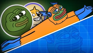 Eine Karikatur von Pepe dem Frosch und Doge, die zu einer einzigen dehnbaren Superheldenfigur kombiniert sind, vor einem grünen und blauen Hintergrund mit einem Blaupausen-Design unten rechts, das eine subtile Anspielung auf PEPENODE enthält.