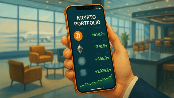 Eine Hand hält ein Smartphone und zeigt ein wachsendes Krypto-Portfolio mit beachtlichen prozentualen Zuwächsen für Bitcoin, Ethereum und zwei unscharfe Währungen in einer modernen Flughafen-Lounge.