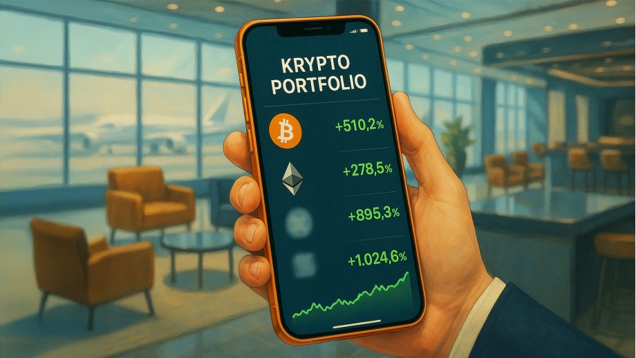 Eine Hand hält ein Smartphone und zeigt ein wachsendes Krypto-Portfolio mit beachtlichen prozentualen Zuwächsen für Bitcoin, Ethereum und zwei unscharfe Währungen in einer modernen Flughafen-Lounge.