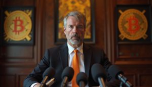 Ein Mann im Anzug sitzt an einem Schreibtisch mit Mikrofonen vor ihm, an der Wand dahinter sind große Bitcoin-Symbole angebracht.