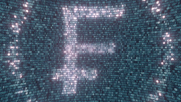 Ein digitales Franken-Symbol leuchtet vor einem Hintergrund aus binären Codes und Zahlen und erinnert an den innovativen Geist von Frankencoin und die sich entwickelnde Landschaft der digitalen Währung und Finanztechnologie.