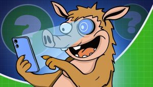 Ein Cartoon-Erdferkel, das ein Smartphone in der Hand hält und die Gesichtserkennung nutzt, mit Fragezeichen-Symbolen und einem winzigen Snorter-Bot, der von hinten herausschaut und eine verspielte technische Note hinzufügt.