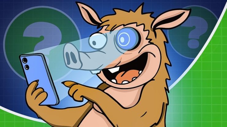 Ein Cartoon-Erdferkel, das ein Smartphone in der Hand hält und die Gesichtserkennung nutzt, mit Fragezeichen-Symbolen und einem winzigen Snorter-Bot, der von hinten herausschaut und eine verspielte technische Note hinzufügt.