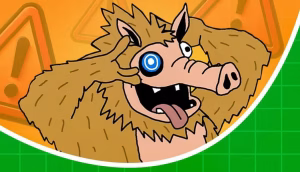 Cartoon-Kreatur mit zotteligem Fell, großen Augen und herausgestreckter Zunge hält ein blaues, rundes Objekt vor einem orangefarbenen Hintergrund mit Warnsymbolen ins Auge - verpassen Sie nicht Ihre letzte Chance auf den Snorter-Presale!.