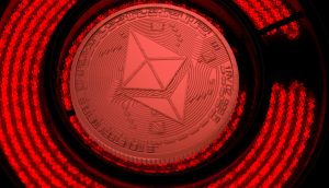 Eine metallische Ethereum-Münze sitzt auf einem rot beleuchteten Herd, der von der Hitze glüht, während ein Solana-Token in der Nähe ruht und den feurigen Schein reflektiert.