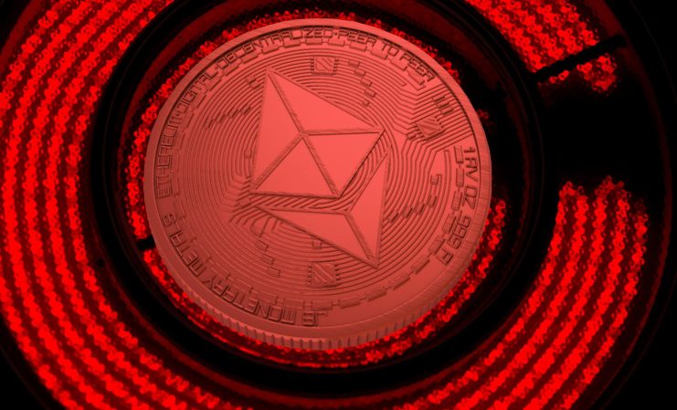 Eine metallische Ethereum-Münze sitzt auf einem rot beleuchteten Herd, der von der Hitze glüht, während ein Solana-Token in der Nähe ruht und den feurigen Schein reflektiert.
