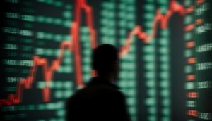 Das Blockchain-Startup Tempo erreicht eine Bewertung von 5 Milliarden US-Dollar Eine Person steht vor einem großen digitalen Display, das schwankende Aktiencharts, Finanzdaten und Stripe-Zahlungsanalysen in Rot und Grün anzeigt.