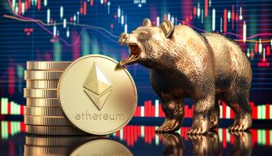 Ein Bär vor einer Ethereum-Münze welches für einen Bärenmarkt steht