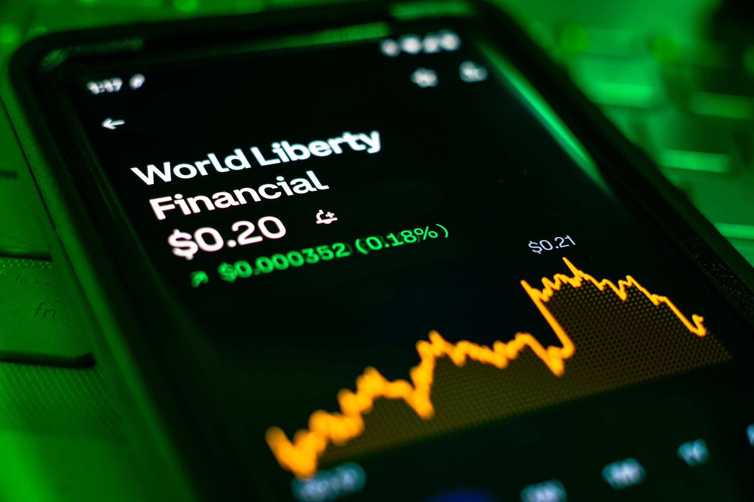 wlfi-trump-airdrop-84-millionen Auf einem Smartphone-Bildschirm wird die WLFI World Liberty Financial-Aktie mit einem Kurs von 0,20 $ angezeigt, was einem Anstieg von 0,18 % und einem orangefarbenen Liniendiagramm entspricht, das die Kursänderungen anzeigt.