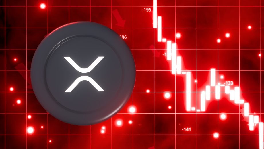 Die Grafik zeigt eine XRP-Münze und daneben einen fallenden roten Kurschart