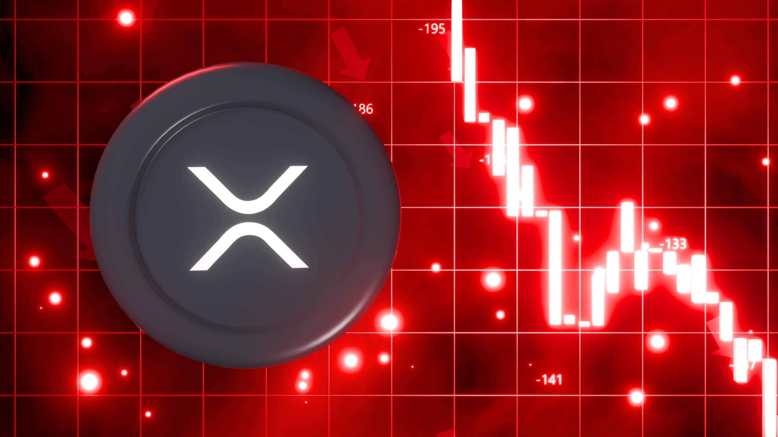 Die Grafik zeigt eine XRP-Münze und daneben einen fallenden roten Kurschart
