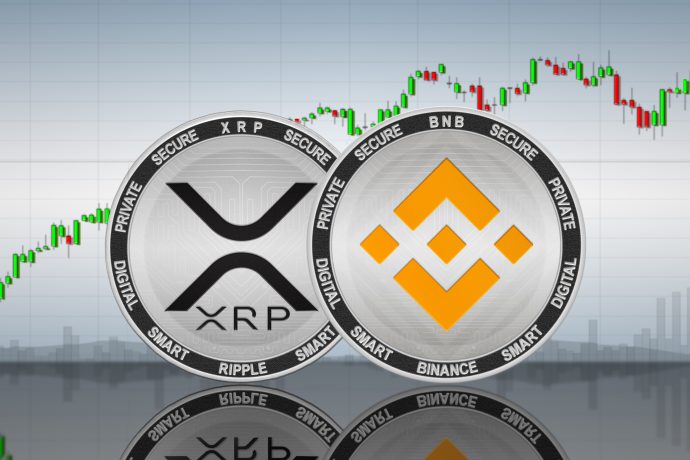 Die Grafik zeigt zwei Münzen mit den Logos von XRP und Binance und XRP Logo