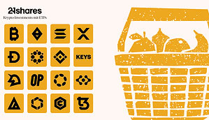 Grafik mit verschiedenen Altcoin-Symbolen – darunter Solana, XRP, BNB, Dogecoin und weitere – sowie einem stilisierten Korb. Darstellung der Vielfalt von Krypto-ETPs von 21shares.