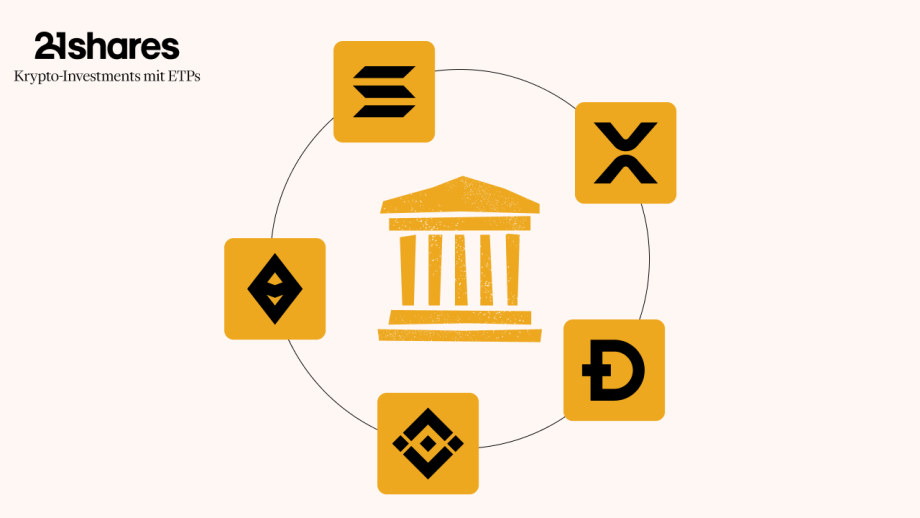 Das Diagramm zeigt ein Gebäude der Zentralregierung, umgeben von fünf Kryptowährungslogos - Solana, XRP, Dogecoin, Binance und Ethereum -, die die Dynamik zwischen Solana und Ethereum hervorheben, mit dem 21Shares-Logo in der Ecke.