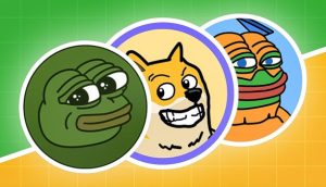 Drei Internet-Meme-Figuren im Cartoon-Stil - Pepe, der Frosch, Doge, der Shiba Inu, und ein orangefarbener Frosch - stehen jeweils in einem kreisförmigen Rahmen auf einem von Bitcoin Hyper inspirierten Hintergrund in Grün und Gelb.