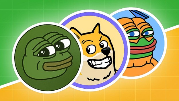 Drei Internet-Meme-Figuren im Cartoon-Stil - Pepe, der Frosch, Doge, der Shiba Inu, und ein orangefarbener Frosch - stehen jeweils in einem kreisförmigen Rahmen auf einem von Bitcoin Hyper inspirierten Hintergrund in Grün und Gelb.