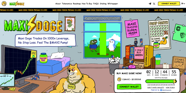 Ein Cartoon-Hund in einem Tank-Top mit der Aufschrift MAXI sitzt an einem Schreibtisch mit Handelsmonitoren, Bitcoin-Hyper-Charts und witzigen Postern in einem farbenfrohen, meme-artigen Raum.