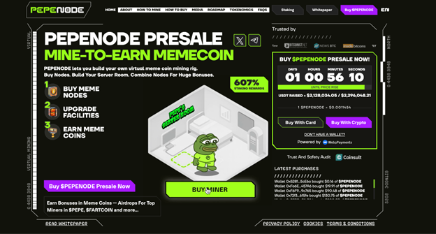 Screenshot einer Website für den PEPENODE-Vorverkauf mit Anleitungen zum Minen und Verdienen von Memecoins, einem Countdown-Timer und einem Cartoon-Frosch neben der BUY MINER-Schaltfläche - alles inspiriert von der Energie der Bitcoin Hyper-Projekte.