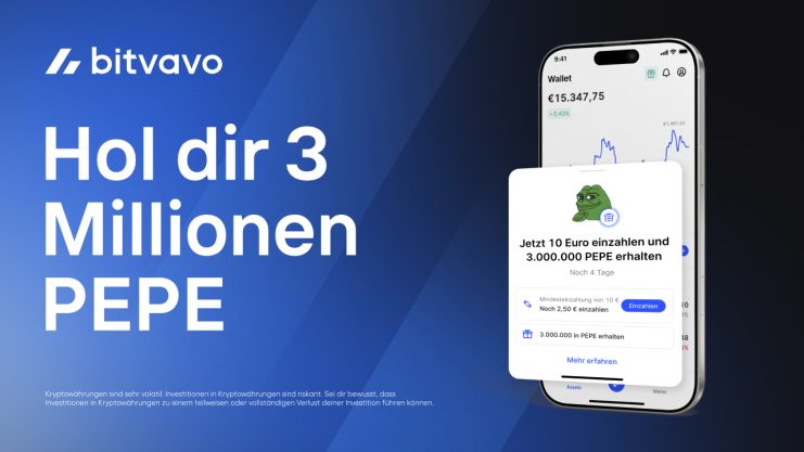 Bei Bitvavo registrieren und 3 Mio. PEPE-Token als Willkommensbonus erhalten. Einzahlen, verifizieren, Bonus sichern – gültig bis 31.12.2025.