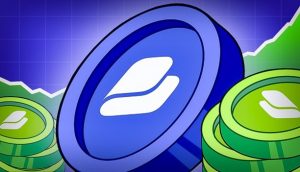 Illustration von gestapelten blauen und grünen digitalen Münzen mit einem stilisierten Logo vor einem blauen grafischen Hintergrund mit einer aufsteigenden Trendlinie, die eine Vorverkaufsmöglichkeit hervorhebt.