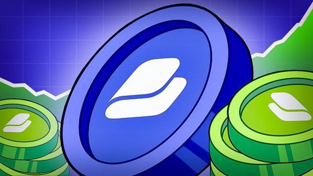 Illustration von gestapelten blauen und grünen digitalen Münzen mit einem stilisierten Logo vor einem blauen grafischen Hintergrund mit einer aufsteigenden Trendlinie, die eine Vorverkaufsmöglichkeit hervorhebt.