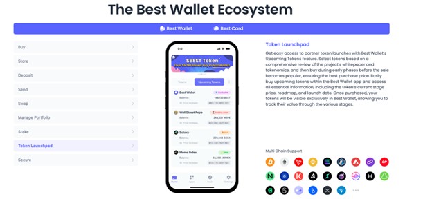 Eine digitale Brieftaschenschnittstelle zeigt Vorverkaufs- und Token-Launchpad-Optionen auf einem Smartphone-Bildschirm an, mit einem Navigationsmenü auf der linken Seite und Multi-Chain-Unterstützungssymbolen am unteren Rand.