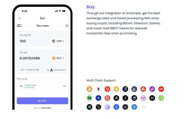Ein Smartphone-Bildschirm zeigt eine Schnittstelle für den Krypto-Kauf mit Vorverkaufsoptionen sowie einen Text, der die Multi-Chain-Krypto-Unterstützung und reduzierte Transaktionsgebühren durch die Onramper-Integration erklärt. Die Krypto-Logos sind unten abgebildet.