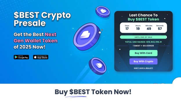 Werbegrafik für $BEST Hyper Bitcoin Presale, mit Countdown-Timer, Finanzierungsfortschritt und Optionen zum Kauf mit Karte oder Krypto. Inklusive App-Store-Logos.