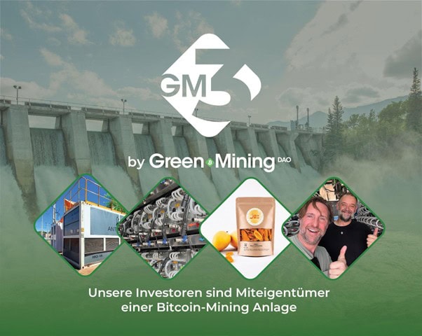 Ein Wasserkraftdamm im Hintergrund mit vier eingefügten Bildern, die Bitcoin-Mining-Container, Mining-Ausrüstung, ein Produktpaket und zwei lächelnde Personen zeigen, mit deutschem Text über Bitcoin-Mining-Investitionen.