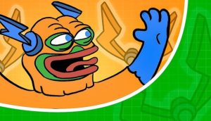 Eine Cartoon-Froschfigur mit orangefarbener Haut, blauen Handschuhen und Blitzkopfbedeckung hebt eine Hand vor einem orangefarbenen und grünen Hintergrund - perfekt, um Ihre nächste Vorverkaufsveranstaltung zu bewerben.