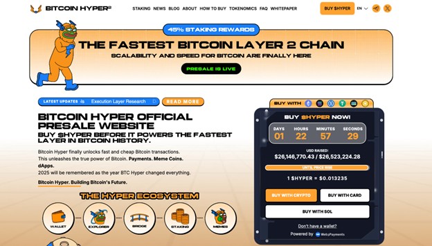 Screenshot der Bitcoin-Hyper-Website mit einer Vorverkaufsankündigung, einem Countdown-Timer und detaillierten Informationen über die Bitcoin-Hyper-Einsatzprämien und das wachsende Ökosystem.