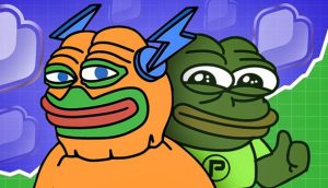 Zwei Cartoon-Frösche - einer in einem orangefarbenen Kostüm mit blauen Blitzen, der andere in einem grünen Hemd, das den Daumen nach oben streckt - stehen vor einem blauen und grünen grafischen Hintergrund und fangen die Aufregung eines Hyper Bitcoin Presale ein.