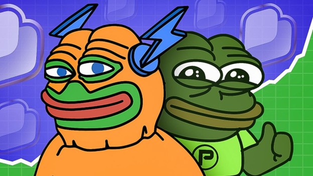 Zwei Cartoon-Frösche - einer in einem orangefarbenen Kostüm mit blauen Blitzen, der andere in einem grünen Hemd, das den Daumen nach oben streckt - stehen vor einem blauen und grünen grafischen Hintergrund und fangen die Aufregung eines Hyper Bitcoin Presale ein.