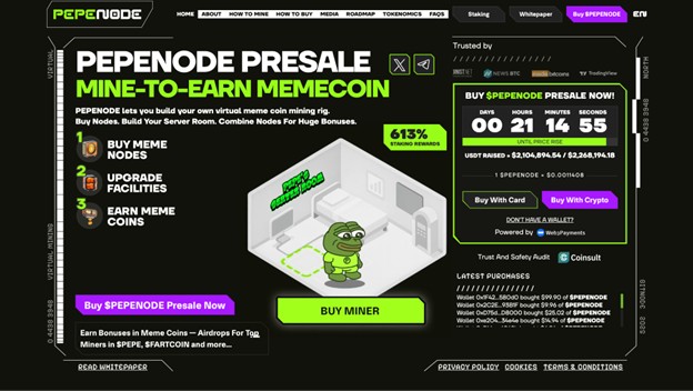 Screenshot der Pepenode-Website mit einem Hyper Bitcoin Presale-Countdown, Produktdetails und einem Cartoon-Frosch in einem virtuellen Mining-Raum mit auffälligen grünen und schwarzen Grafiken.
