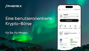 Vor einer Landschaft mit Nordlichtern und dem Text Eine benutzerorientierte Krypto-Börse und Für Sie erscheint ein Smartphone mit der Kryptowährungs-Börsen-App Phemex. Für Morgen.