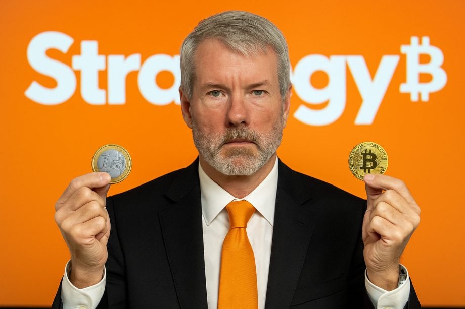 Michael Saylor hält Bitcoin- und Euro-Münzen vor Strategy-Logo – Euro-Vorzugsaktie für Bitcoin-Investitionen