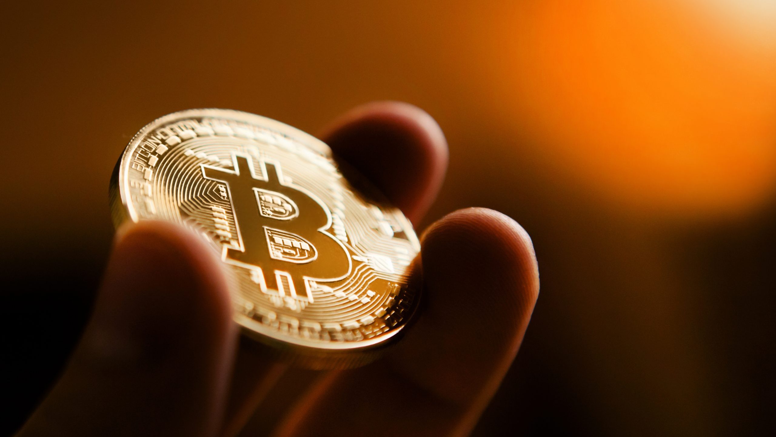 Eine Hand, die eine physische Bitcoin-Münze hält, wird vor einem unscharfen, warm getönten Hintergrund angezeigt.