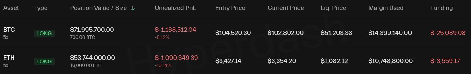 Ein Handels-Dashboard zeigt Long-Positionen in Bitcoin und ETH mit nicht realisierten Verlusten, Einstiegs- und aktuellen Kursen, verwendeten Margen und negativen Finanzierungsbeträgen an.