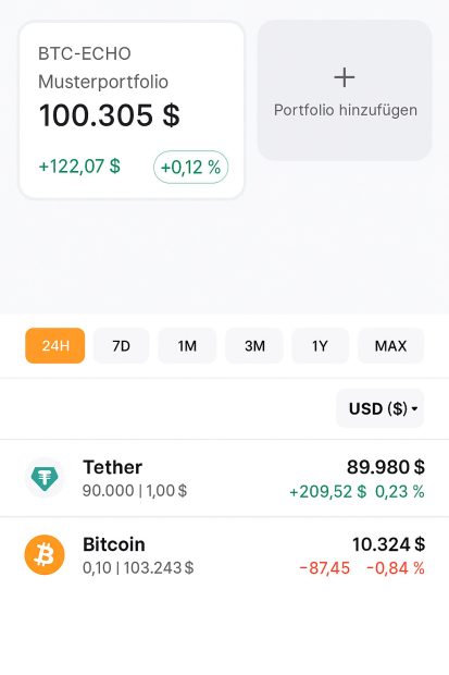 Screenshot eines Kryptowährungsportfolios, das einen Gesamtwert von 100.305 $ mit Tether- und Bitcoin-Beständen anzeigt, zusammen mit ihren individuellen Werten und 24-Stunden-Leistungsänderungen. Die Portfolioansicht bietet einen klaren Überblick über Ihre Vermögenswerte.