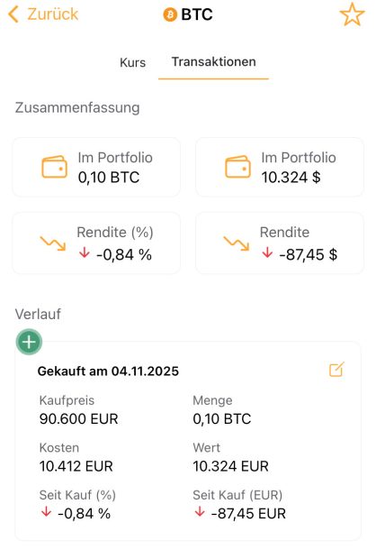 Screenshot einer BTC-Portfolioübersicht mit 0,10 BTC im Besitz, einem aktuellen Wert von 10.324 USD und einem Portfolioverlust von -0,84 % seit dem Kauf am 04.11.2025.