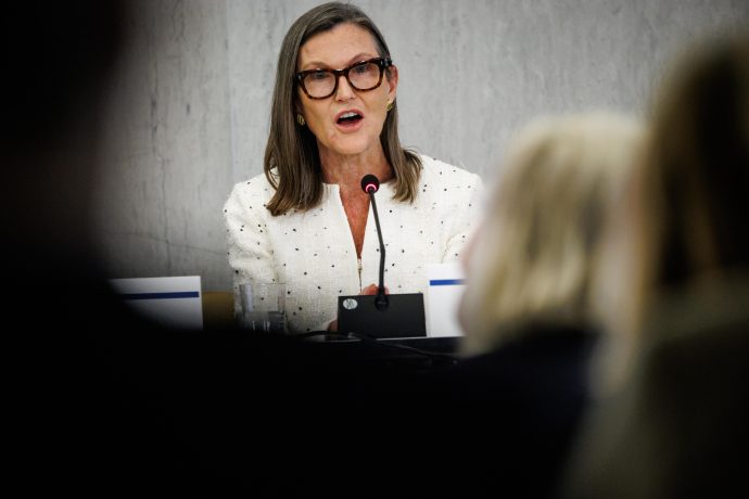 Cathie Wood, die eine Brille und eine weiße Jacke trägt, spricht auf einer Konferenz oder in einer Sitzung in ein Mikrofon, wobei die Zuhörer im Vordergrund unscharf zu sehen sind.