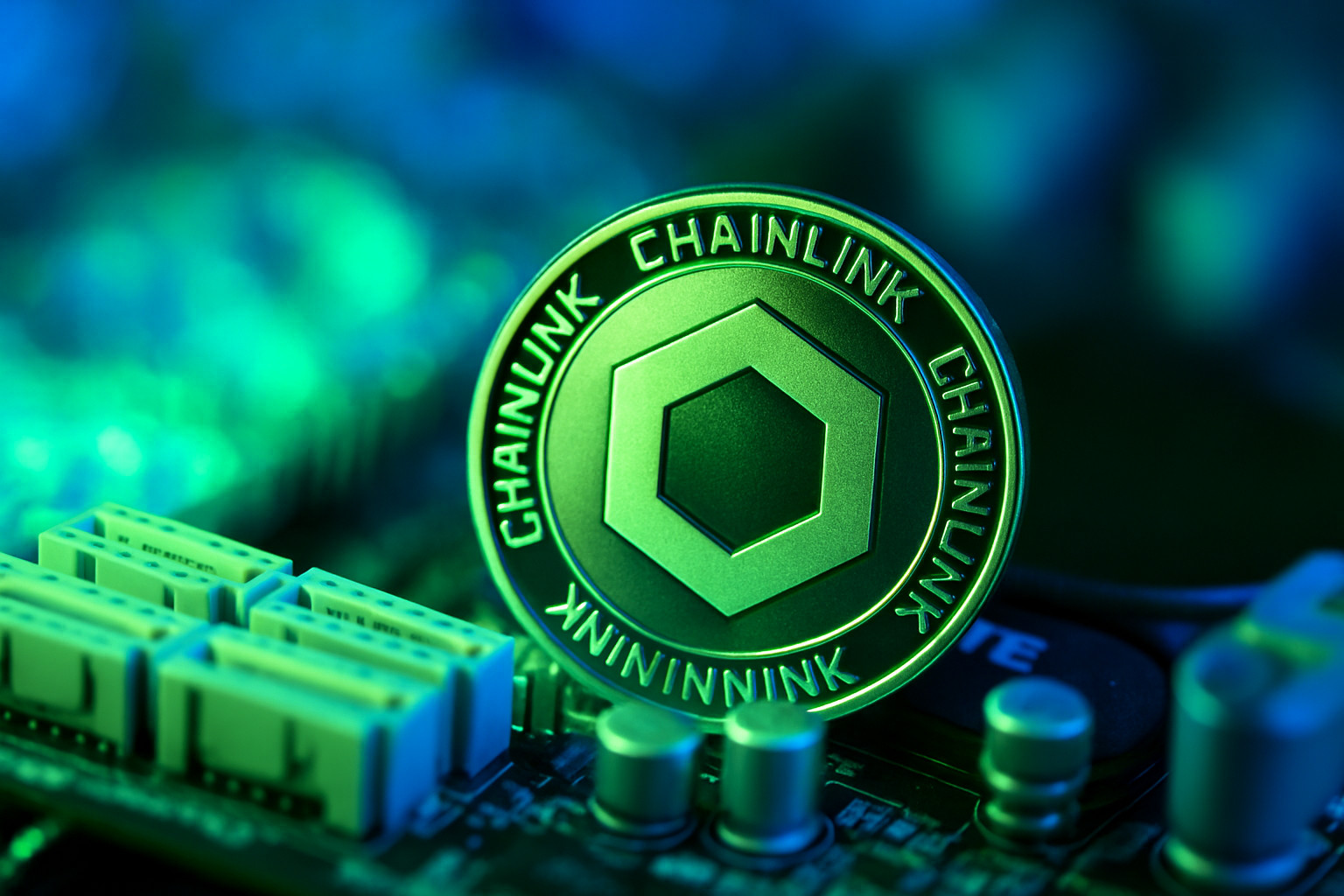 Eine Chainlink-Kryptowährungsmünze steht aufrecht auf einem Computer-Motherboard und leuchtet unter lebhafter grüner und blauer Beleuchtung.