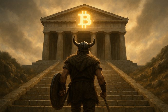 Eine Person in Wikingerkleidung steht am Fuße von Steinstufen, die zu einem Tempel führen, über dessen Eingang ein leuchtendes Bitcoin-Symbol auf die legendäre Suche nach dem Bitcoin-Schatz hindeutet.
