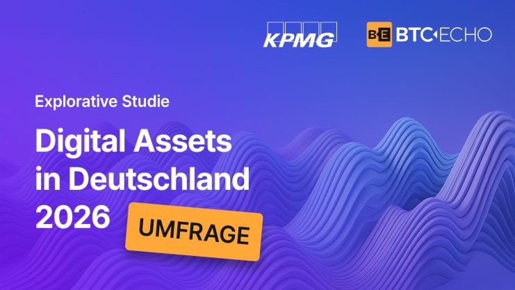 Krypto-Studie 2026 von KPMG und BTC-ECHO mit digitaler Wellen-Grafik und Umfrage-Hinweis.